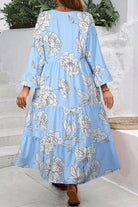 Sky Blue Floral Bell Sleeve V Neck Plus Size Tiered Maxi Dress Plus Size Dresses f50049e9bed70c71