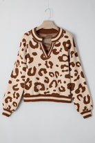 Light French Beige Leopard Printed Knit V Neck Sweater Sweaters f505c3ccd8c73225