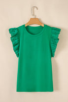 Dark Green Embroidered Ruffle Slim Fit Crew Neck Top Sleeveless Shirts f521c28e352fa3a7
