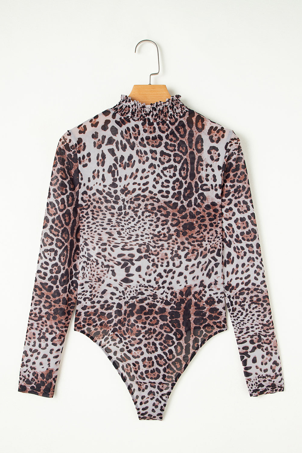 Brown Allover Leopard Print Smocked Neck Mesh Bodysuit Bodysuit f5446a954e67070c