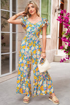 Yellow Floral Allover Print Shirred Cut Out High Waist Jumpsuit Jumpsuits f563071a384ffc08