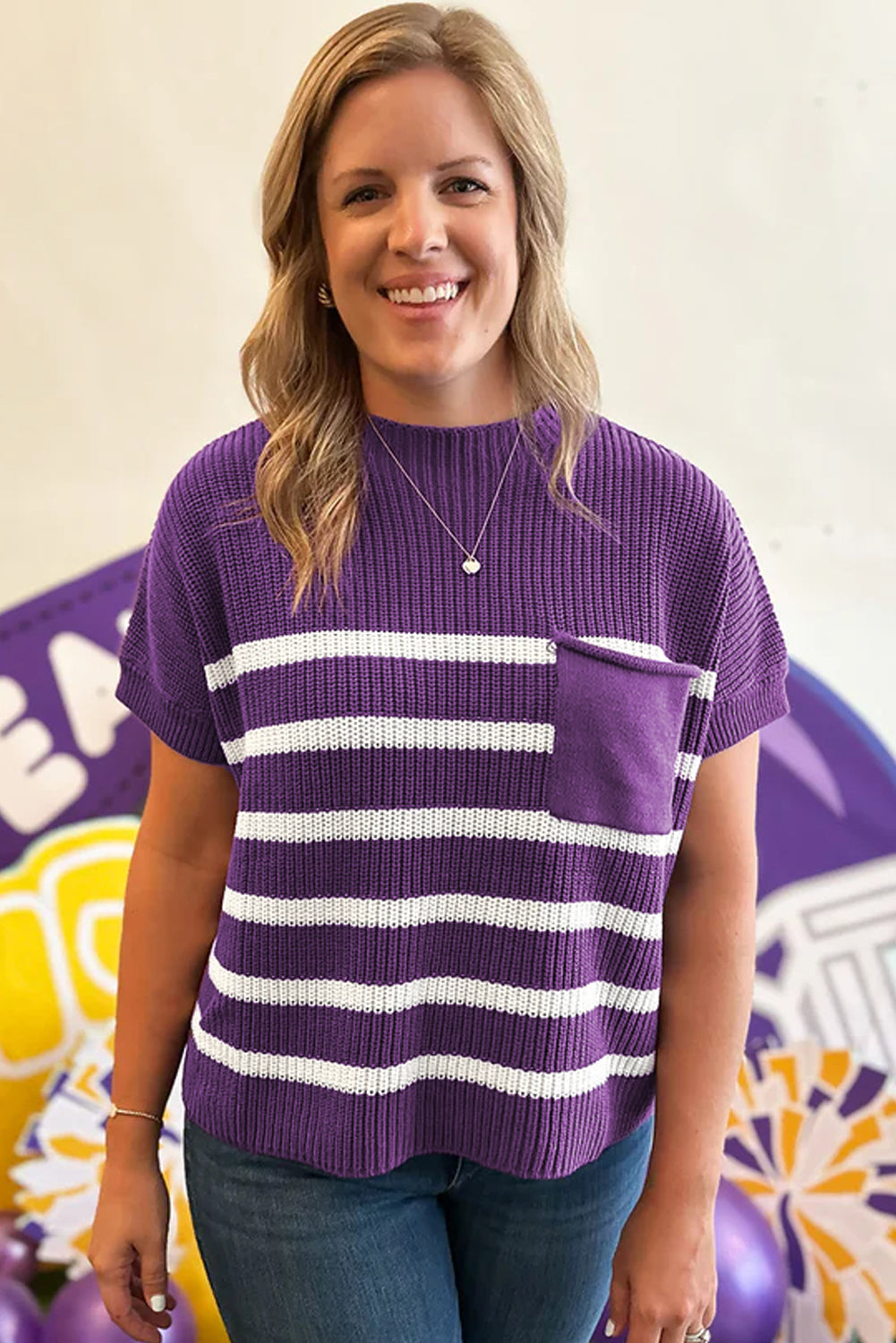 Purple Stripe Raw Edge Patched Pocket Short Sleeve Knit Sweater Sweaters f58991fc3e0dc627