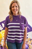 Purple Stripe Raw Edge Patched Pocket Short Sleeve Knit Sweater Sweaters f58991fc3e0dc627