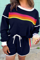 Bluing Colorful Striped Accent Varsity Long Sleeve Pullover and Shorts Matching Set Two Piece Sets f59423cf3f51d4ff