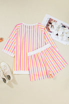 Pink Stripe Drop Shoulder Half Sleeve Loose Tee and Shorts Casual Set Two Piece Shorts Sets f5a3c9e6ca9de270