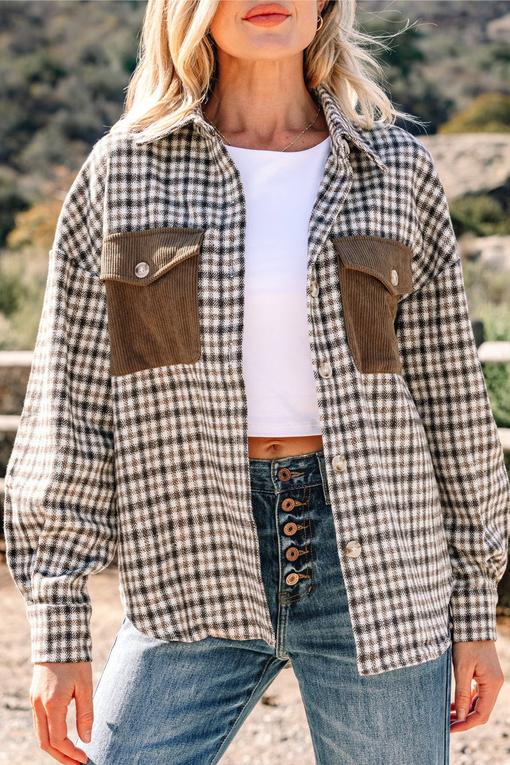 Green Contrast Corduroy Flap Pocket Patchwork Plaid Shacket Jackets f5a54ddaafc78f19