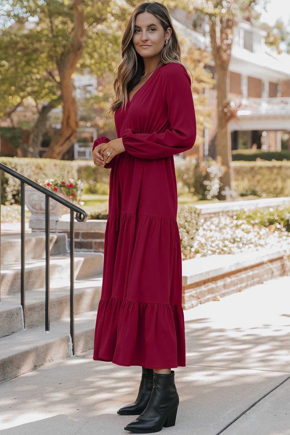 Burgundy Solid Long Sleeve Button V Neck Tiered Maxi Dress Maxi Dresses f5b9a66df57fb769