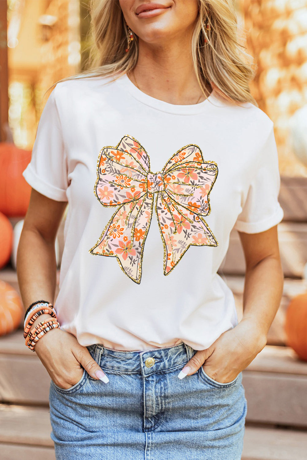 White Glitter Trim Floral Bow Heat Transfer Printing Cotton Blend T Shirt Graphic Tees f5d47b3a8b1ad498