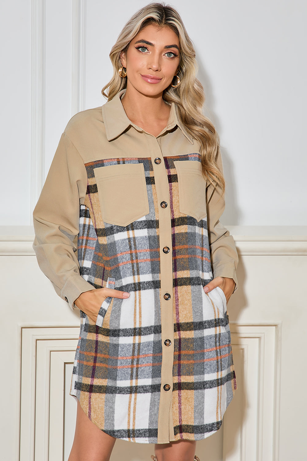 Khaki Plaid Patchwork Long Sleeve Jacket Jackets f5ecb790e0a86e37