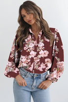 Brown Floral Puff Sleeve Lightweight Shirt Blouses f6314a0b95eb17b9
