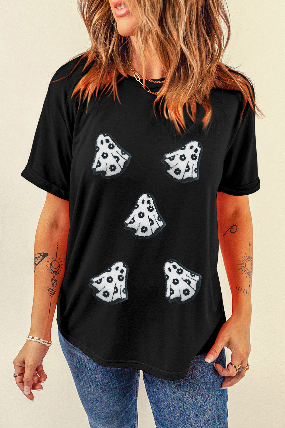 White Halloween Playful Ghost Terry Flocking Cotton Blend T Shirt Graphic Tees f63ac37d3e950706