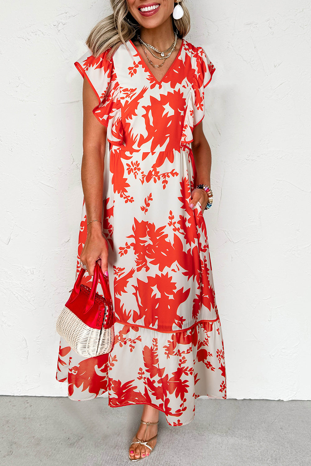 Red Floral Print Trimmed V Neck Ruffle Sleeve Maxi Dress Maxi Dresses f646208d39cd5600