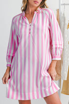 Rose Striped Long Sleeve Buttons Loose Mini Dress Short Dresses f65850afa42b01bd