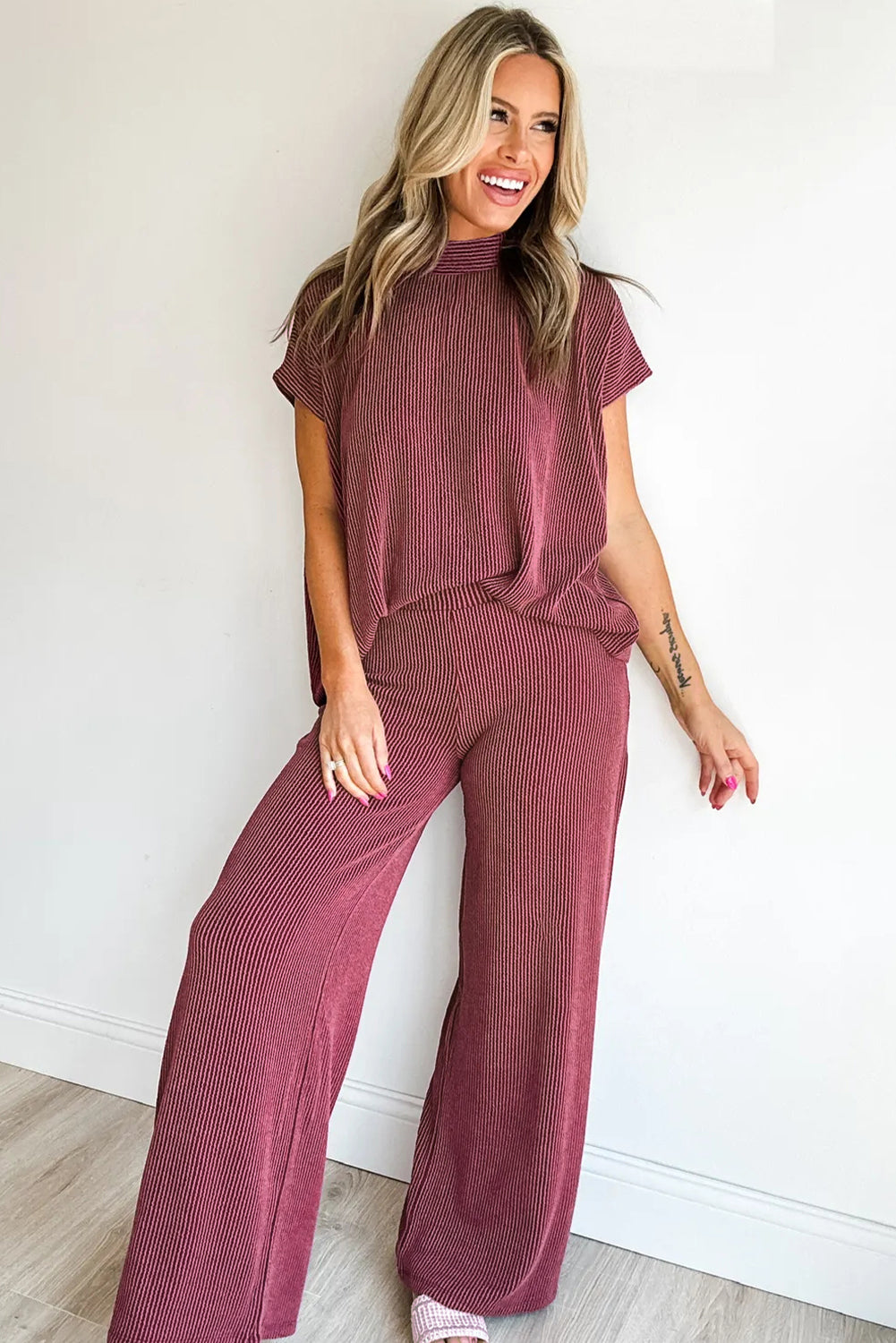 Burgundy Twisted Ribbed High Neck Loose Tee Elastic High Waist Loose Pant Set Pant Sets f6676d53d8858ef3