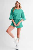 Bonbon Loose V Neck Tee and Drawstring Shorts Set Two Piece Shorts Sets f66b29d023fce39e
