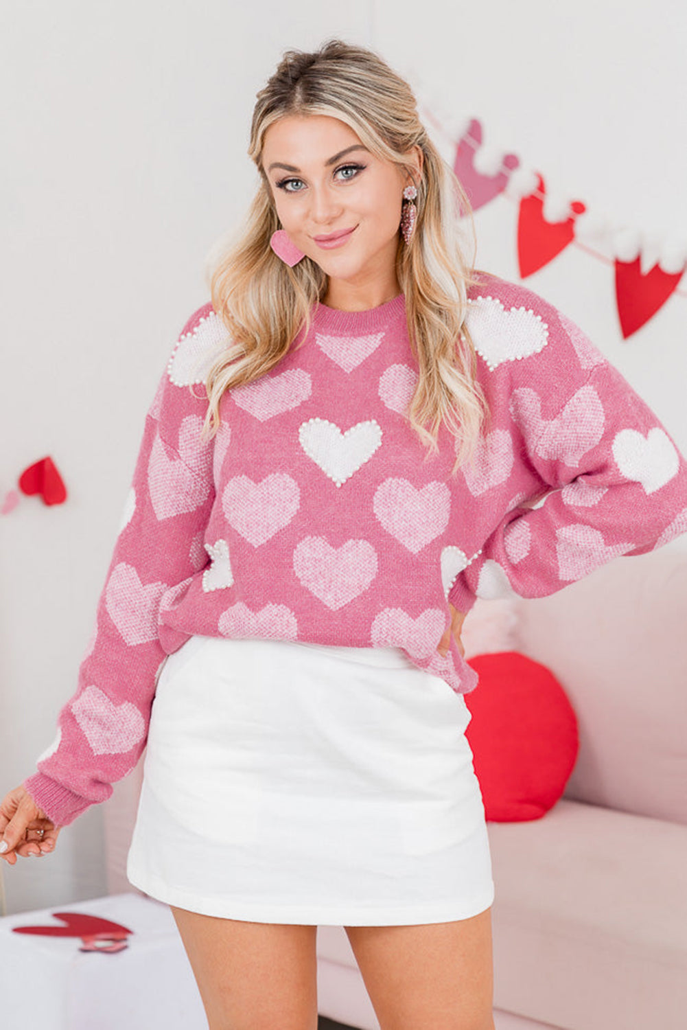 Pink Pearl Heart Print Valentines Crew Neck Sweater Sweaters f67922e29f8de1b9