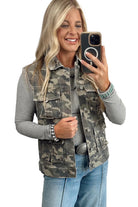 Green Camouflage Print Button Cargo Pocket Button Down Denim Vest Jackets f6b9073784606cc8
