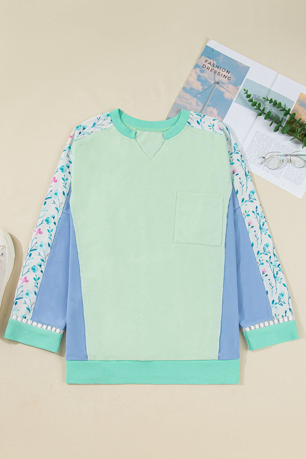 Green Color Block Floral Patchwork Long Sleeve Notched Neck Plus Size Top Plus Size Tops f6f964448ee65824