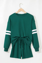 Evergreen Varsity Striped Sleeve Drop Shoulder Sweatshirt and Shorts Set Two Piece Shorts Sets f70d1a13c99c2523