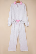 Light Grey Stripe Patchwork Loose Long Sleeve Top Drawstring Waist Pants Set Two Piece Pants Sets f74e3287c11c11f1