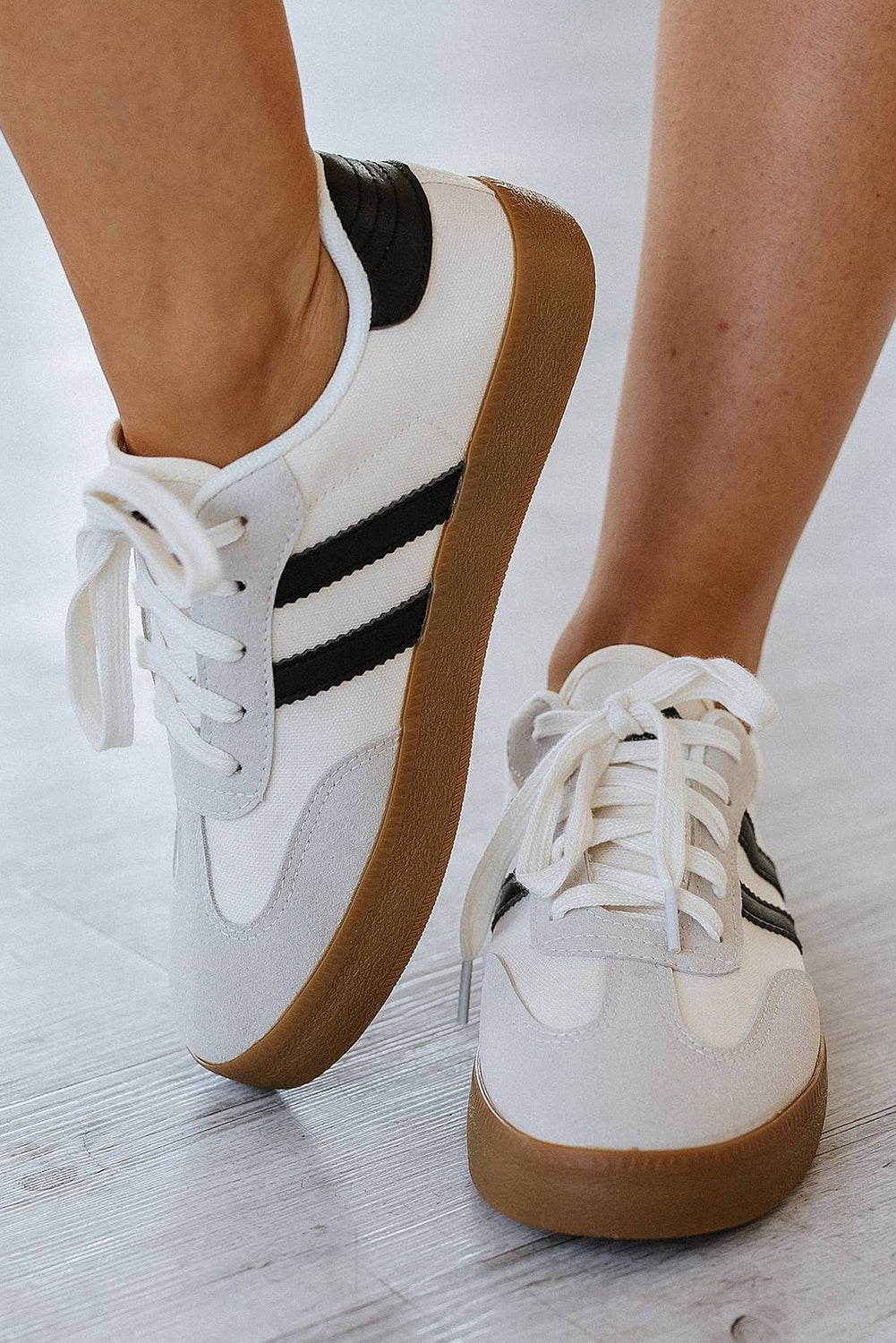 White Striped Lace Up Flat Sneakers Sneakers f756863ebeb7fe87
