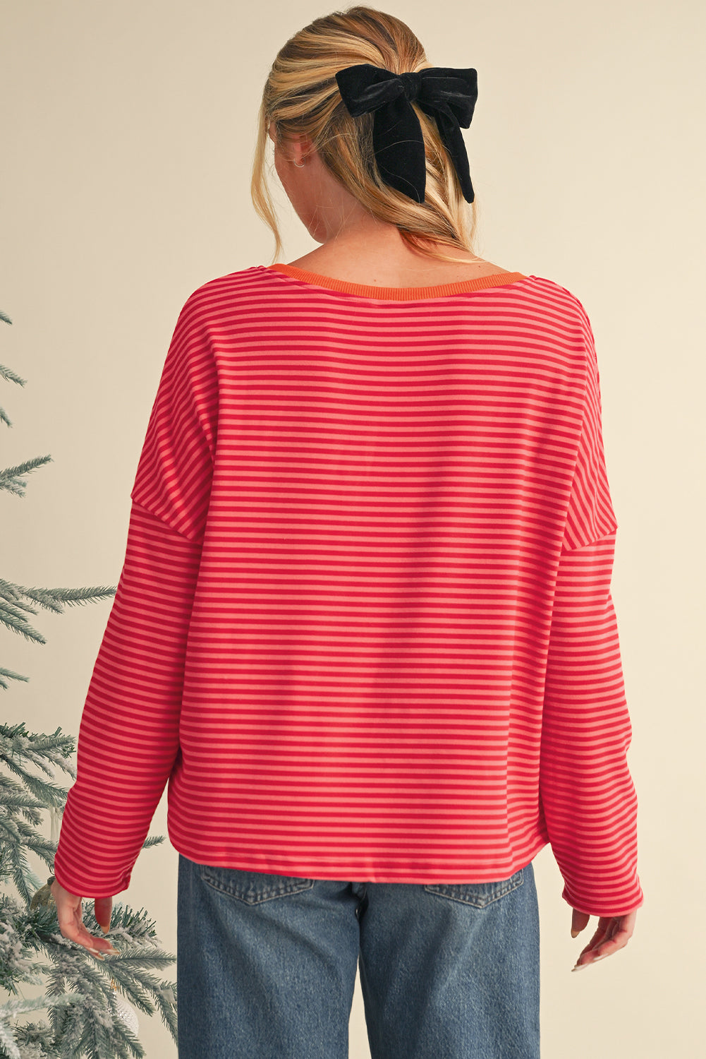 Tomato Red Two Tone Striped Side Buttons Drop Shoulder Top Long Sleeve Tops f75e21ec2eb229da