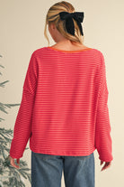 Tomato Red Two Tone Striped Side Buttons Drop Shoulder Top Long Sleeve Tops f75e21ec2eb229da