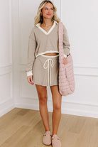 Parchment Raw Edge Detail Patchwork Cropped Pullover Drawstring Skirt Set Two Piece Skirt Sets f77add1abe1038ef