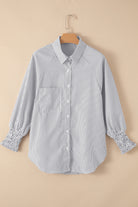 Black Striped Casual Shirred Cuffs Shirt Long Sleeve Tops f7d46de46d30c462