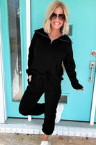 Black Zip Collar Long Sleeve Top Drawstring Pants Set Two Piece Pants Sets f7dd5af623ecbfa4
