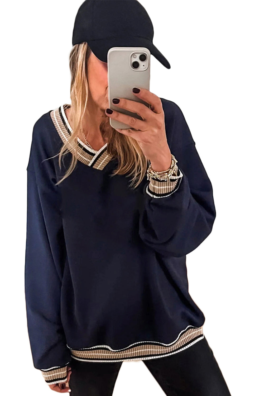 Navy Blue Varsity Contrast Trim V Neck Sweatshirt Sweatshirts & Hoodies f7fdf6d0d191ada9