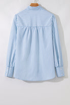 Sky Blue Striped Smocked Long Sleeve Quarter Button Shirt Blouses f84090829fe45d5c