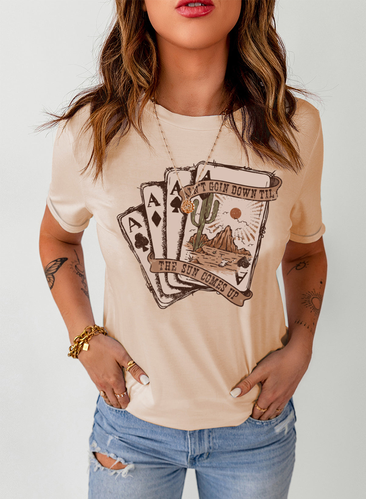 Khaki Western Poker Card Graphic T Shirt Graphic Tees f87fb5c43c482871