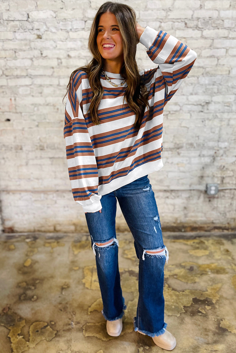 Khaki Striped Crew Neck Drop Shoulder Pullover Sweatshirt Sweatshirts & Hoodies f8ab984b0671ffca