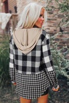 Black Plaid Patchwork Drawstring Hooded Raw Hem Shacket Jackets f8d3349cbc510792