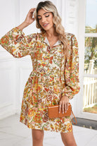 Yellow Cream Floral Print Tie V Neck Long Sleeve Mini Dress Short Dresses f8f04447e1d26471