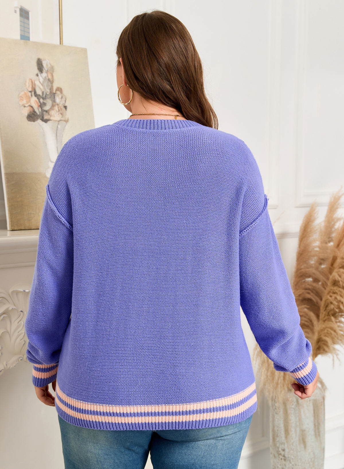 Wisteria Plus Size Striped Trim Drop Shoulder Knit Loose Sweater Plus Size Sweaters & Cardigans f923bb3745b0c6a9