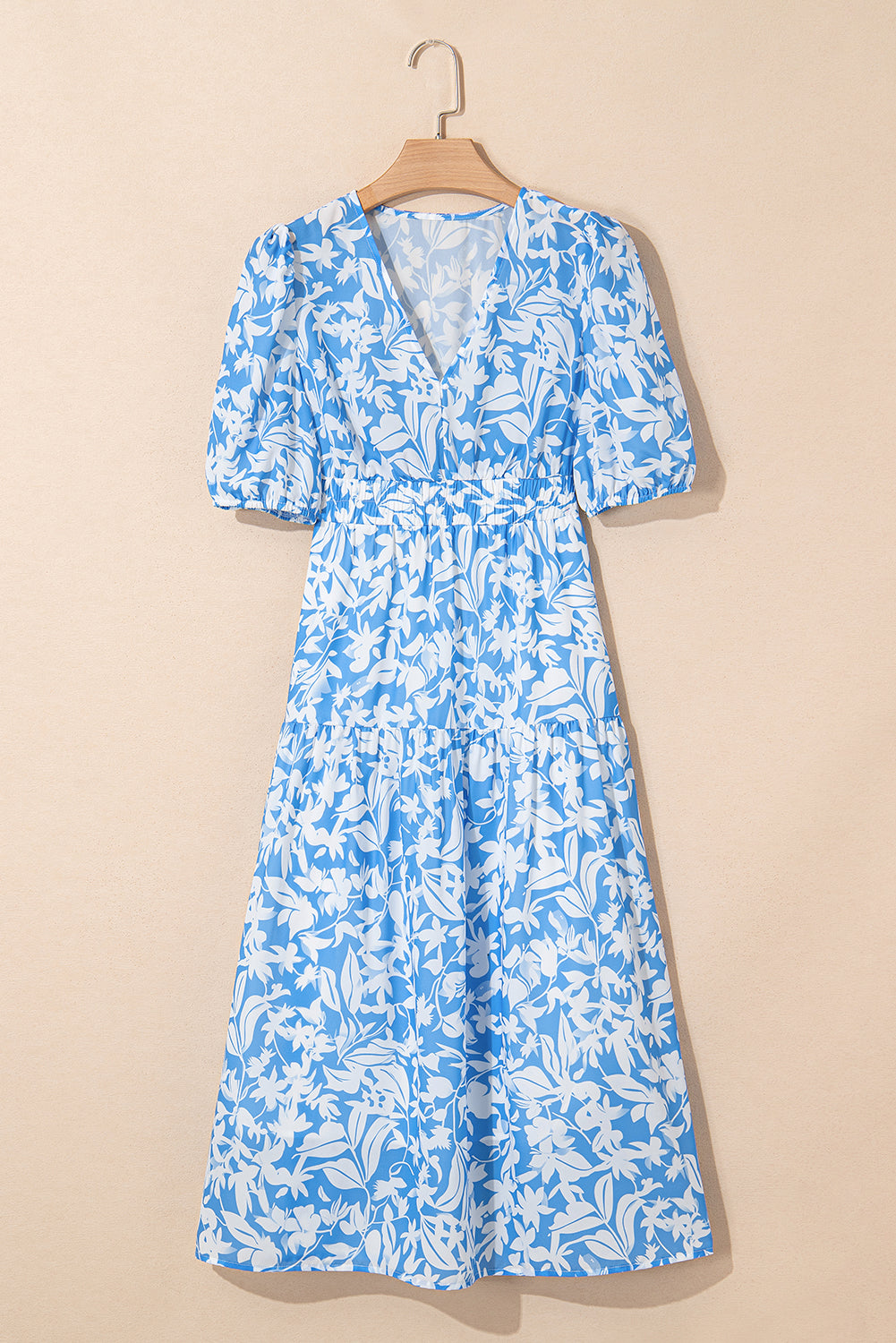 Sky Blue Floral Print Deep V Neck Puff Sleeve Flowy Dress Maxi Dresses f925b13cce7802f6