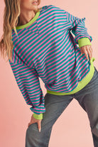 Blue Stripe Contrast Edge Cross Seam Oversized Pullover Sweatshirts & Hoodies f9477879e20cec20