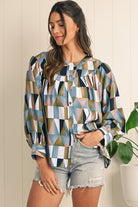 Green Geometric Print Button Balloon Sleeve Loose Fit Shirt Blouses f9657afd894cb8b9