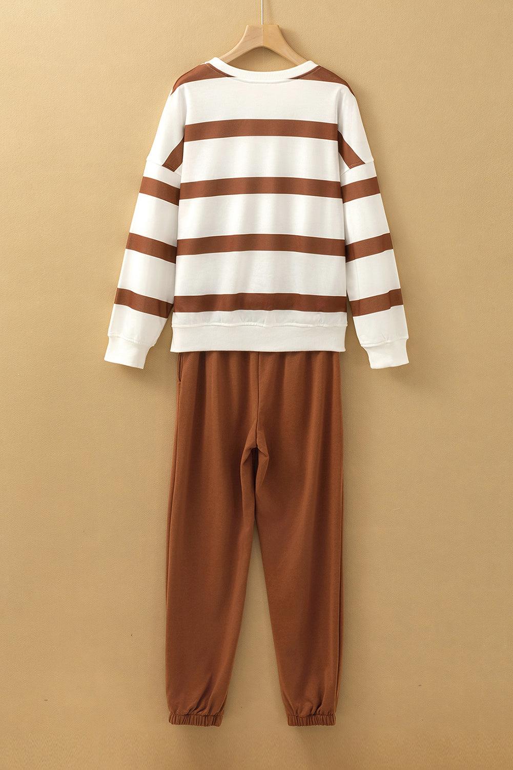 Light French Beige Striped Drop Shoulder Pullover and Joggers Set Two Piece Pants Sets f999b95c22ef73a5