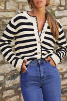 Black Striped Chic Button Round Neck Knit Cardigan Cardigans f9b50744dd8efaa8