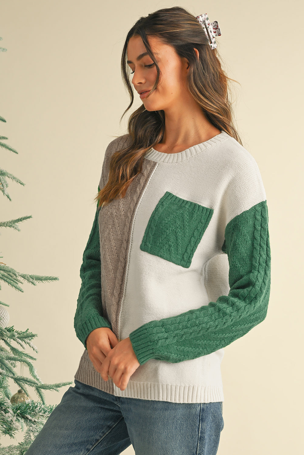 Vineyard Green Colorblock Pocket Drop Shoulder Sweater Sweaters f9e9c2e194c7d2fc