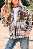 Green Contrast Corduroy Flap Pocket Patchwork Plaid Shacket Jackets fa0f34db163fe4ed