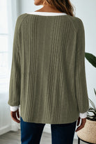 Moss Green Rib Texture Contrast Trim Round Neck Long Sleeve Top T Shirts fa2c425cb5041c4a