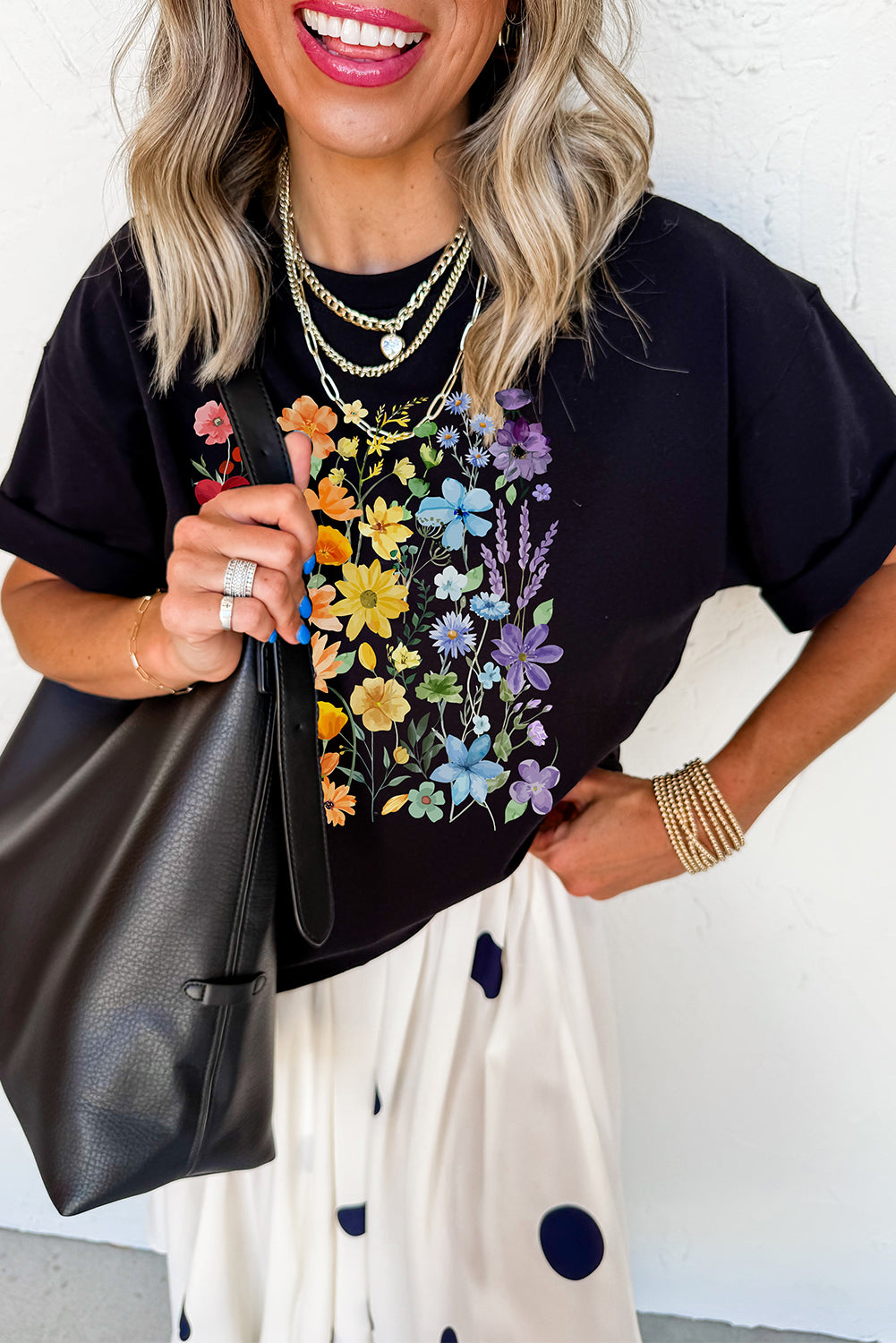 Black Flower Heat Transfer Printing Cotton Blend Casual Tee Graphic Tees fa6bef71e8ad1d9e