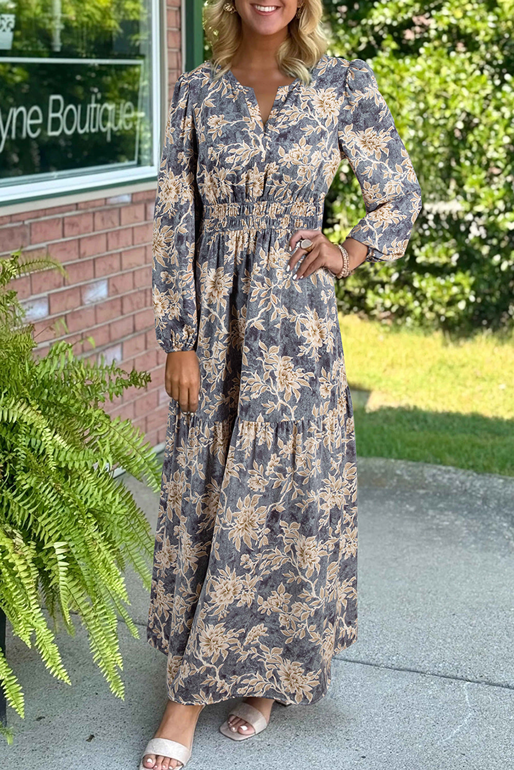 Sky Blue Floral Print Smocked High Waist Long Sleeve Maxi Dress Maxi Dresses fa7105b92072fb41
