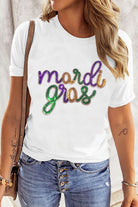 Wisteria Sequin mardi gras Letter Print Crewneck Tee Graphic Tees fa7aef2a5ea67ae9