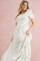 White Frill Neckline Shirred Bodice Floral Maxi Dress Maxi Dresses fa84a36c01f301b7