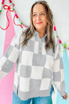Gray Plus Size Checkered Pattern Button Polo Collar Split Sweater Plus Size Sweaters&Cardigans fa897506c8a686be